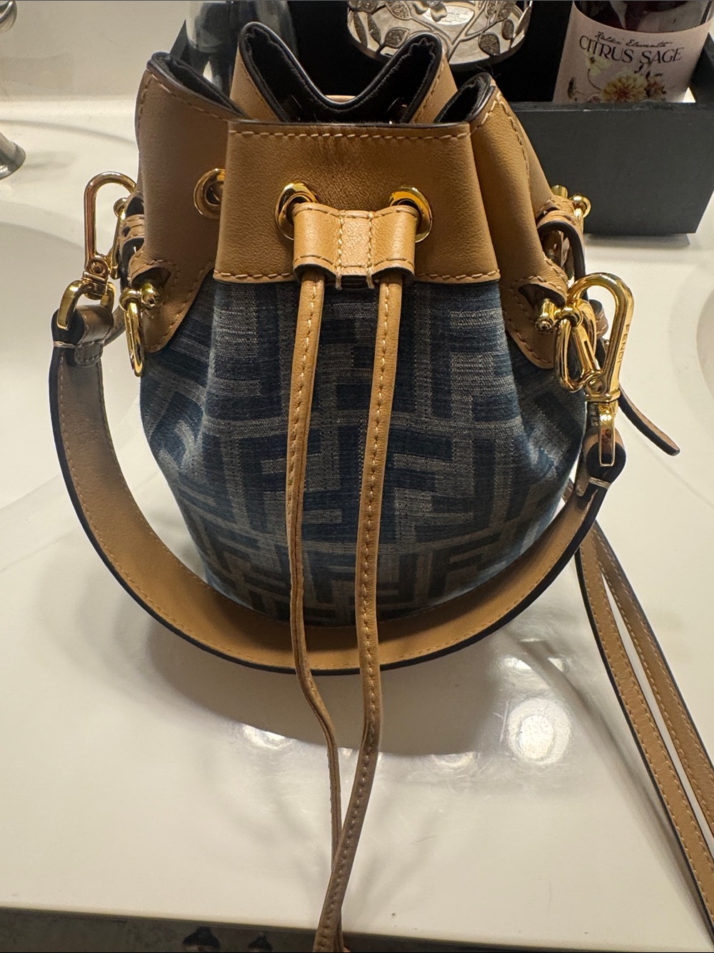 Fendi Blue Monogram Denim & Tan Leather Drawstring Bucket Bag